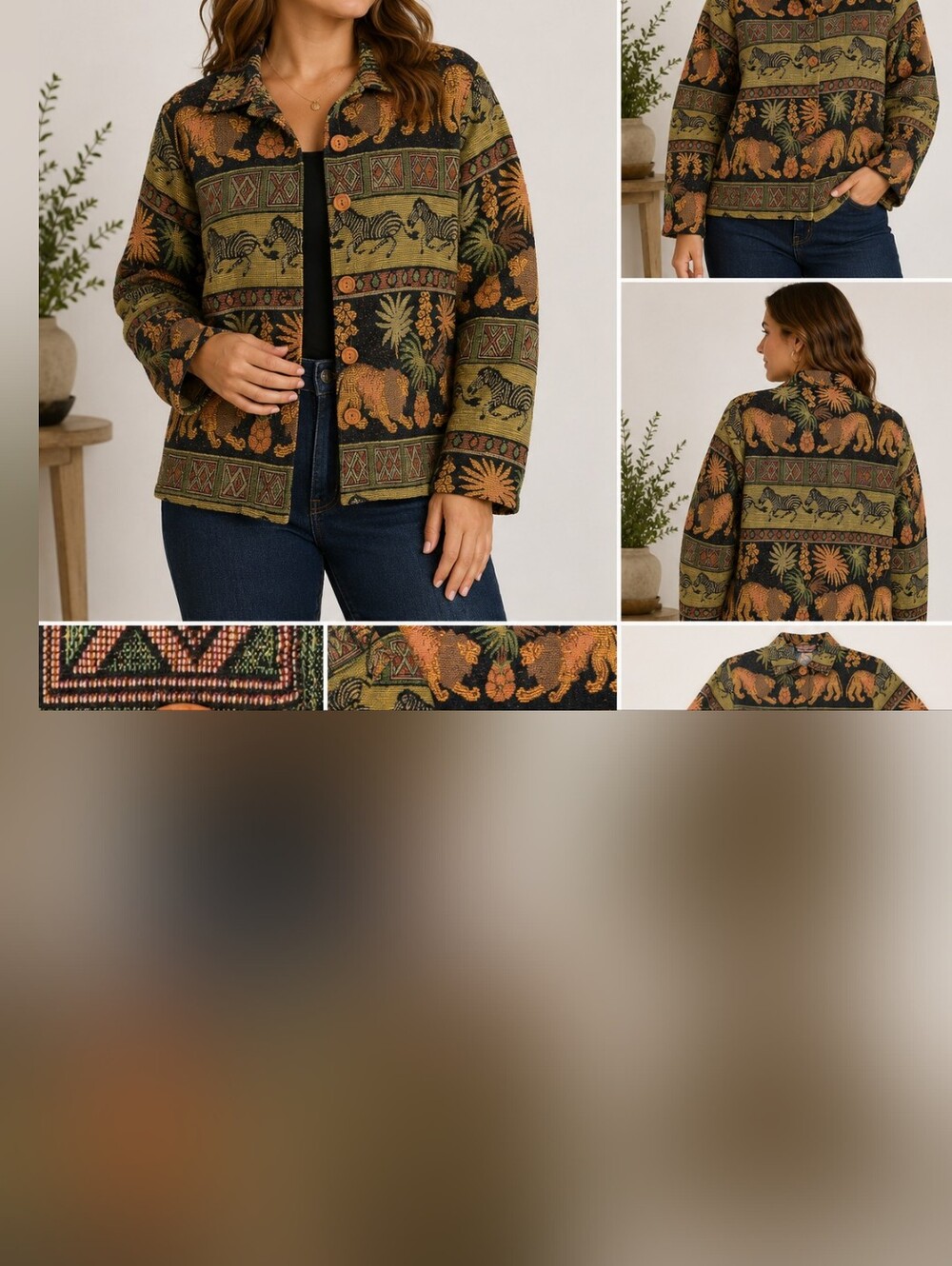 New Identity Vintage Tapestry Jacket Safari Lion‎ Zebra Green Cotton Blend M